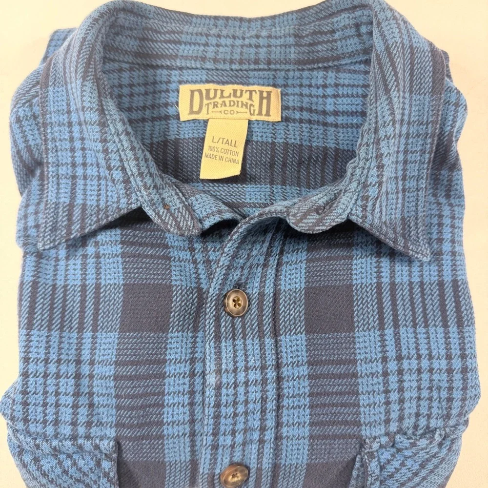 Duluth Trading Co Flannel Shirt Mens Large Tall Blue Plaid Heavy Cotton Work